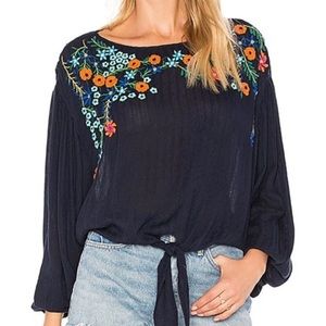 Free People Indigo Blue Up And Away Peasant Embroidered Blouse Top Beaded Boho